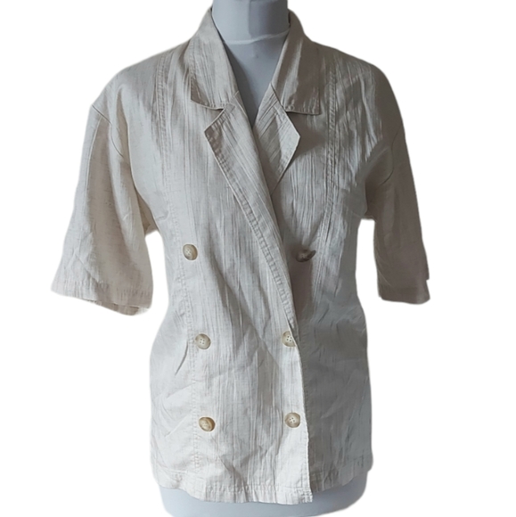 St Michael Tops - St Michael 80s Vintage Linen Blend Blouse Size 14 Cream Double Breast Short Slee